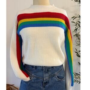 Ivy Rose Rainbow Stripe Chunky Knit Sweater Women's Medium White Colorblock